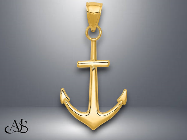14K Yellow Gold or White Gold Polished Anchor Pendant with Necklace Chain Options