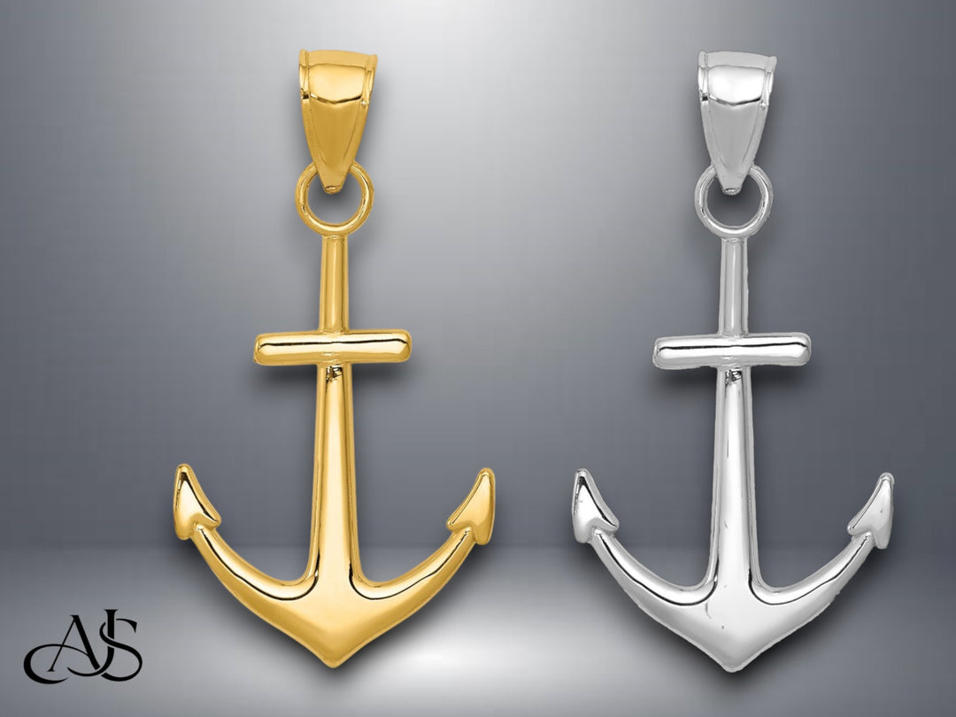 14K Yellow Gold or White Gold Polished Anchor Pendant with Necklace Chain Options