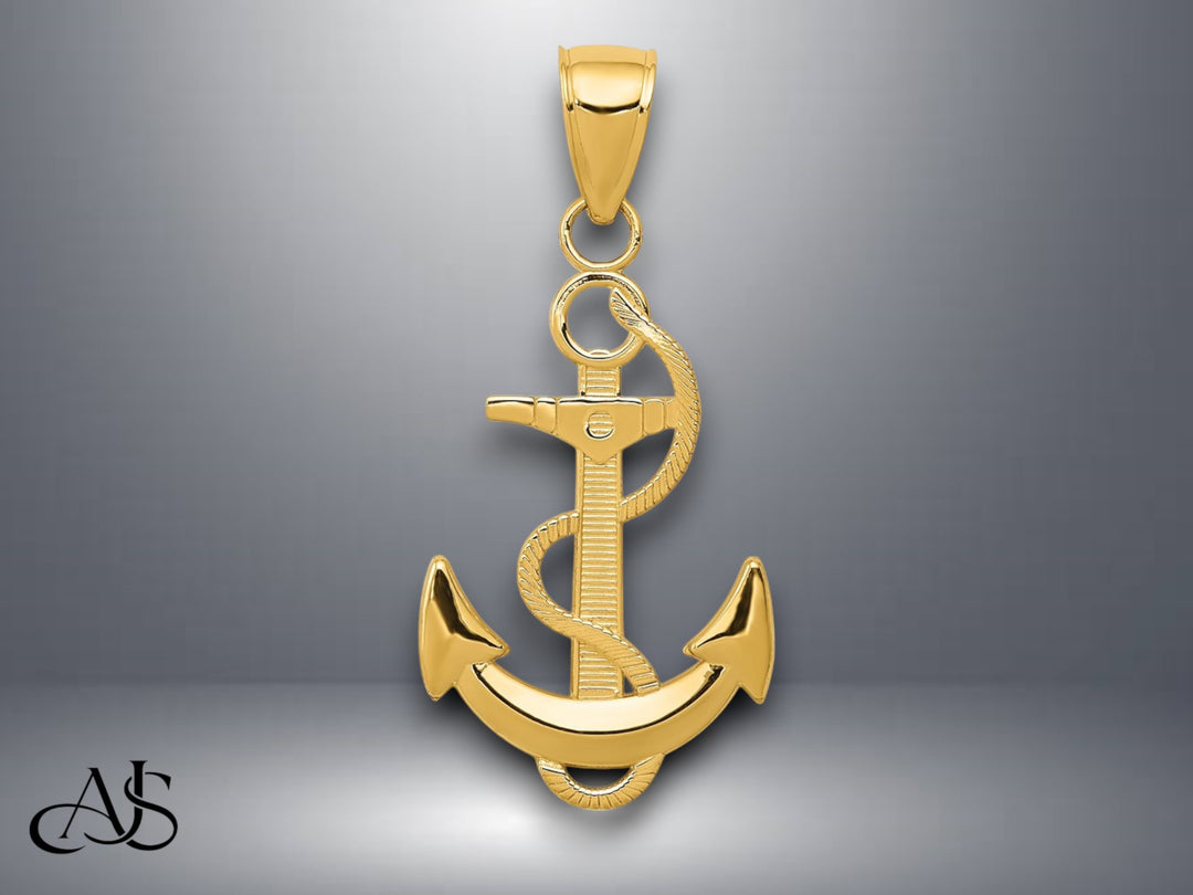 14K Yellow Gold or White Gold Polished Anchor with Textured Rope Pendant with Necklace Chain Options