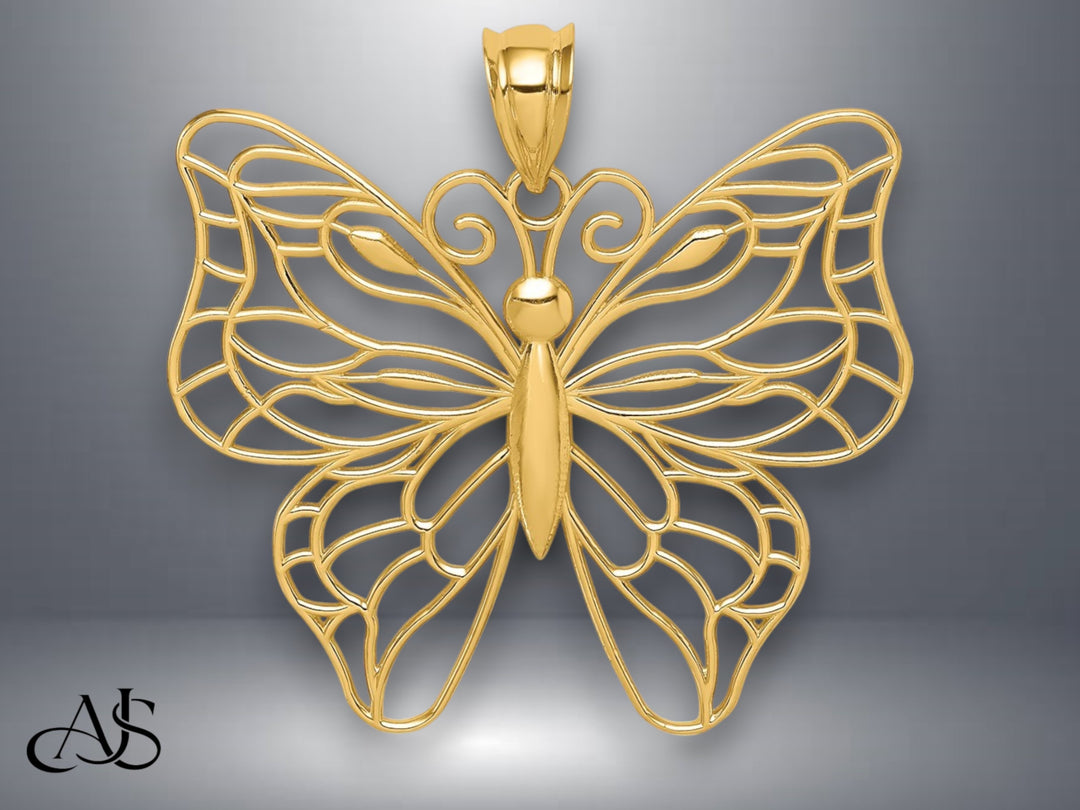 14K Yellow Gold or White Gold Large Butterfly Pendant with Necklace Chain Options