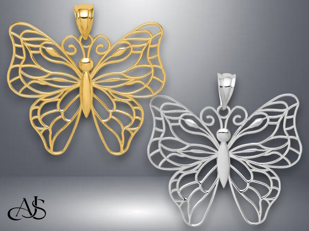 14K Yellow Gold or White Gold Large Butterfly Pendant with Necklace Chain Options