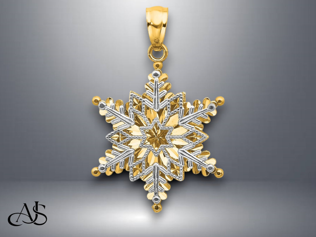 14K Yellow Gold or White Gold Polished and Textured 2 Level Snowflake Pendant with Necklace Chain Options