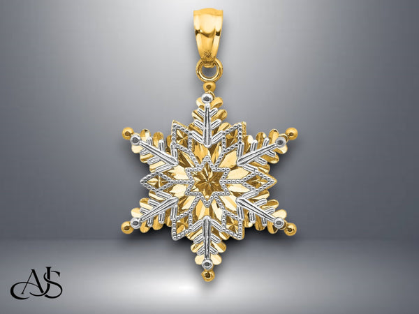 14K Yellow Gold or White Gold Polished and Textured 2 Level Snowflake Pendant with Necklace Chain Options
