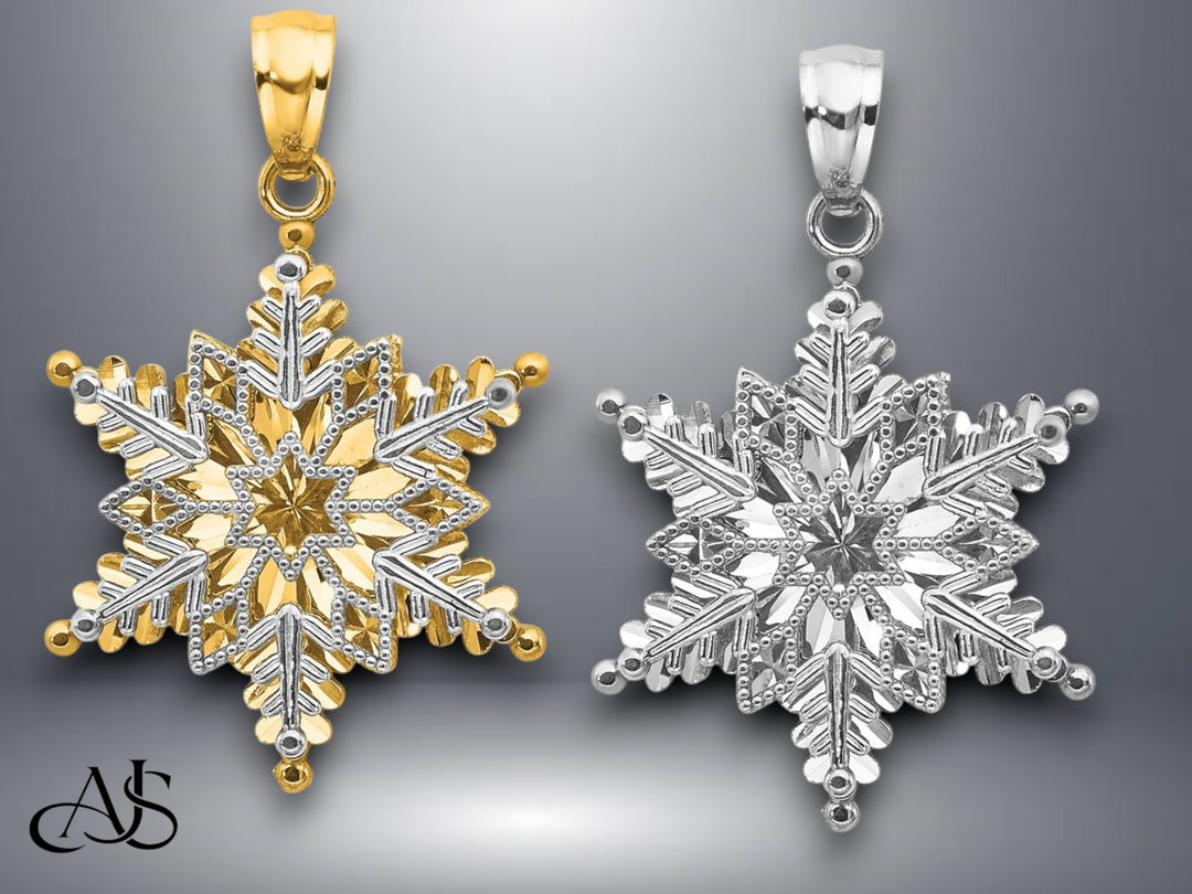 14K Yellow Gold or White Gold Polished and Textured 2 Level Snowflake Pendant with Necklace Chain Options