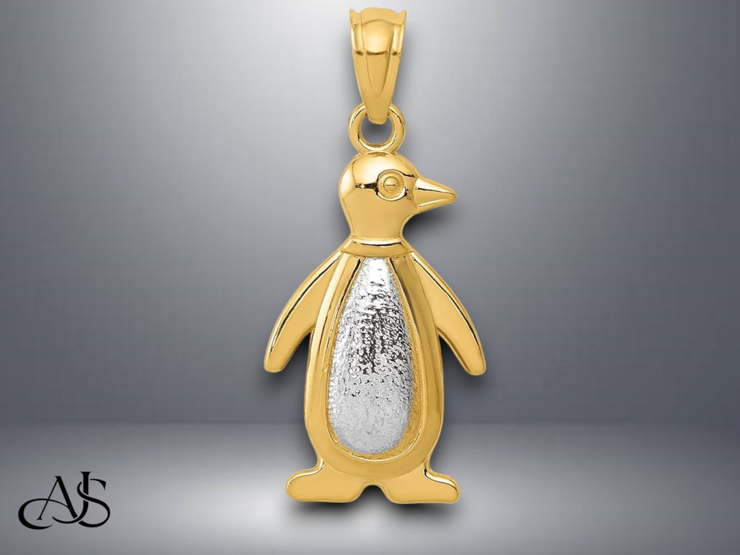 14K Yellow and White Gold Polished/Textured Penguin Pendant with Necklace Chain Options