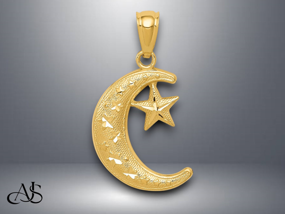 14K Yellow Gold Textured Moon and Stars Pendant with Necklace Chain Options