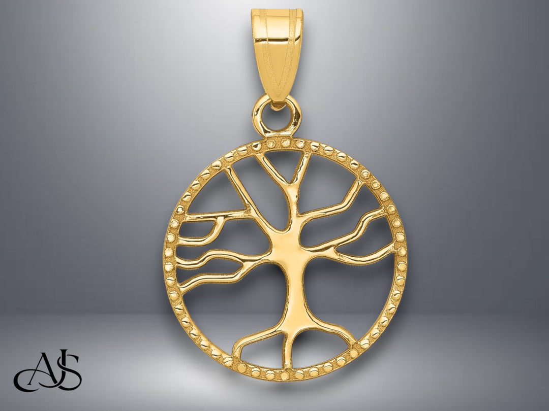 14K Yellow Gold Polished Small Tree of Life in Round Pendant with Necklace Chain Options