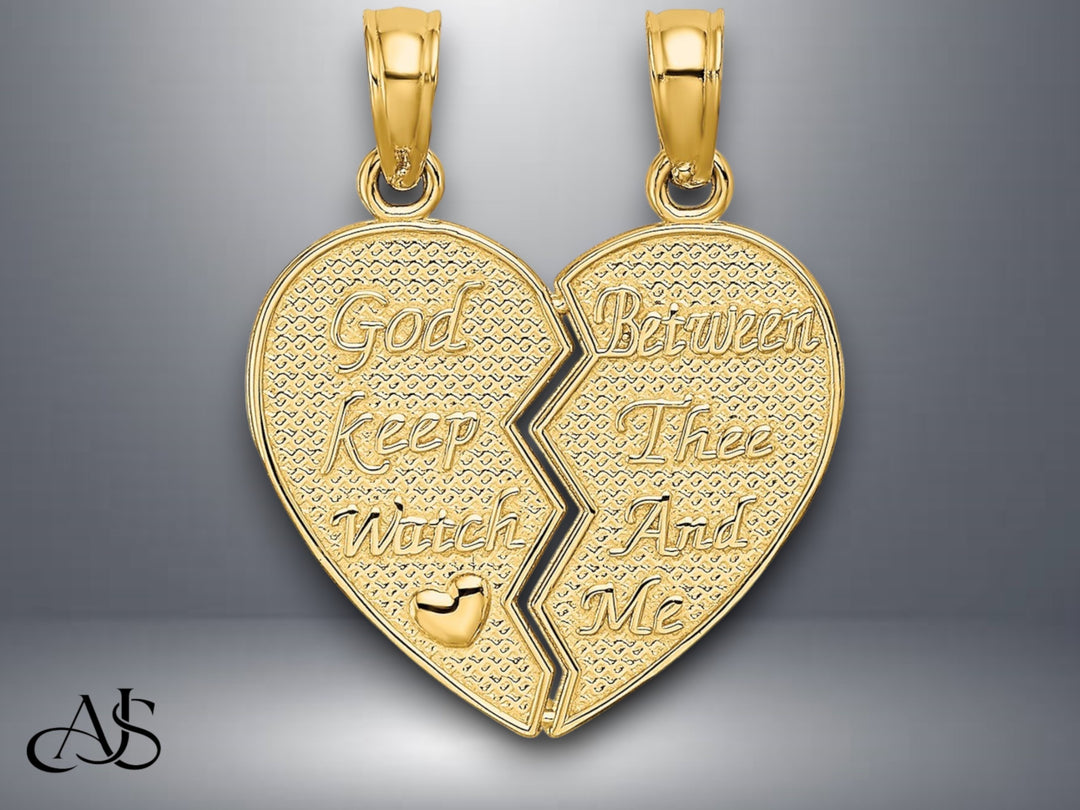 14K Yellow Gold Break-Apart KEEP WATCH BETWEEN Heart Charm with Necklace Chain Options