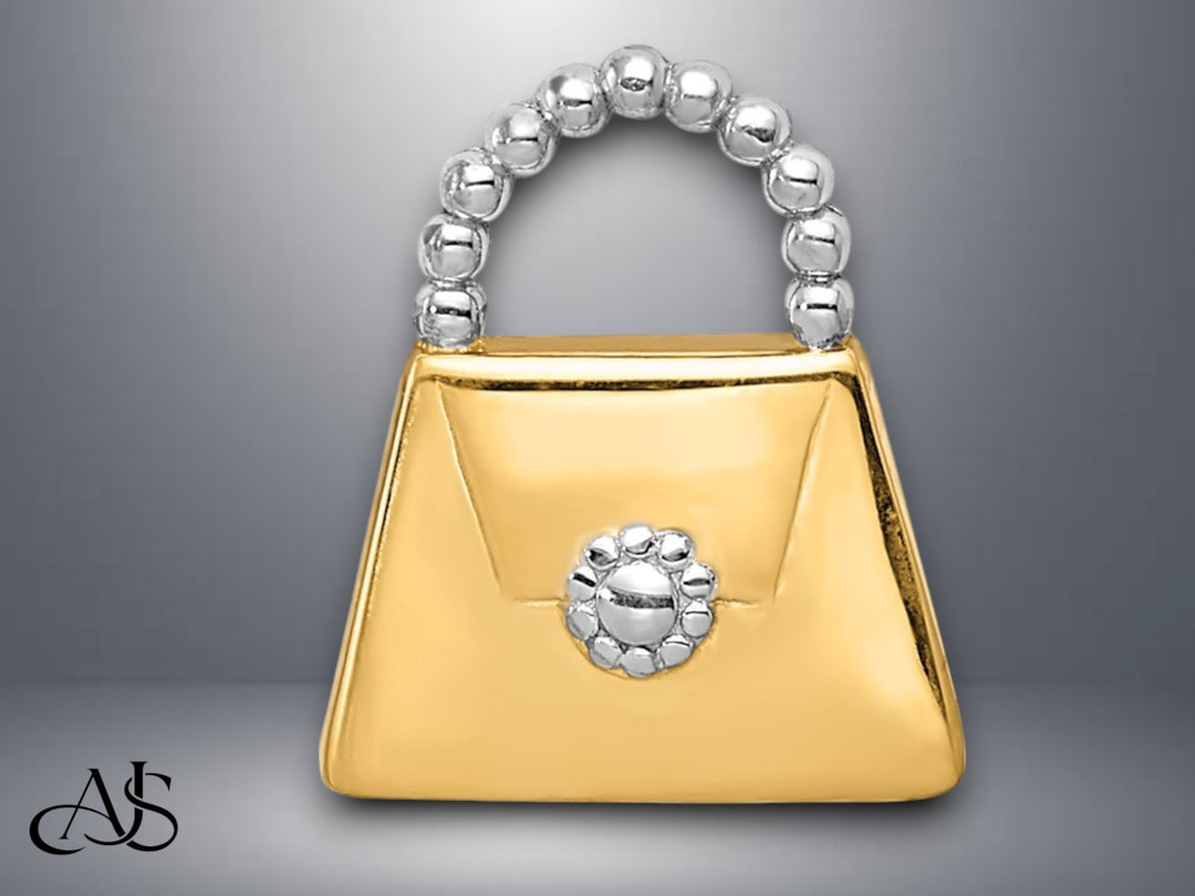 14K Yellow Gold and Rhodium Purse Slide Pendant with Necklace Chain Options