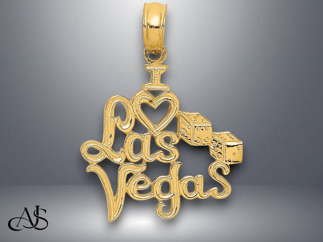 14K Yellow Gold I HEART LAS VEGAS  with Dice Engraved Charm with Necklace Chain Options