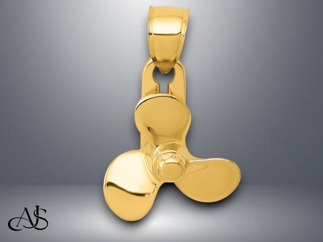 14K Yellow Gold 3-D Moveable Blade Propeller Pendant with Necklace Chain Options