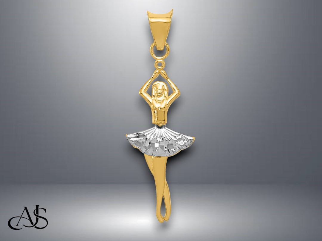 14K Yellow Gold w/Rhodium Polished Moveable Dancer Pendant with Necklace Chain Options