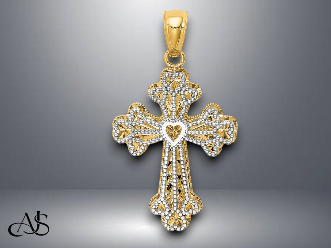 14K Two-tone Gold Polished Filigree 2 Level Heart Cross Pendant with Necklace Chain Options