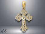 Load image into Gallery viewer, 14K Two-tone Gold Polished Filigree 2 Level Heart Cross Pendant with Necklace Chain Options
