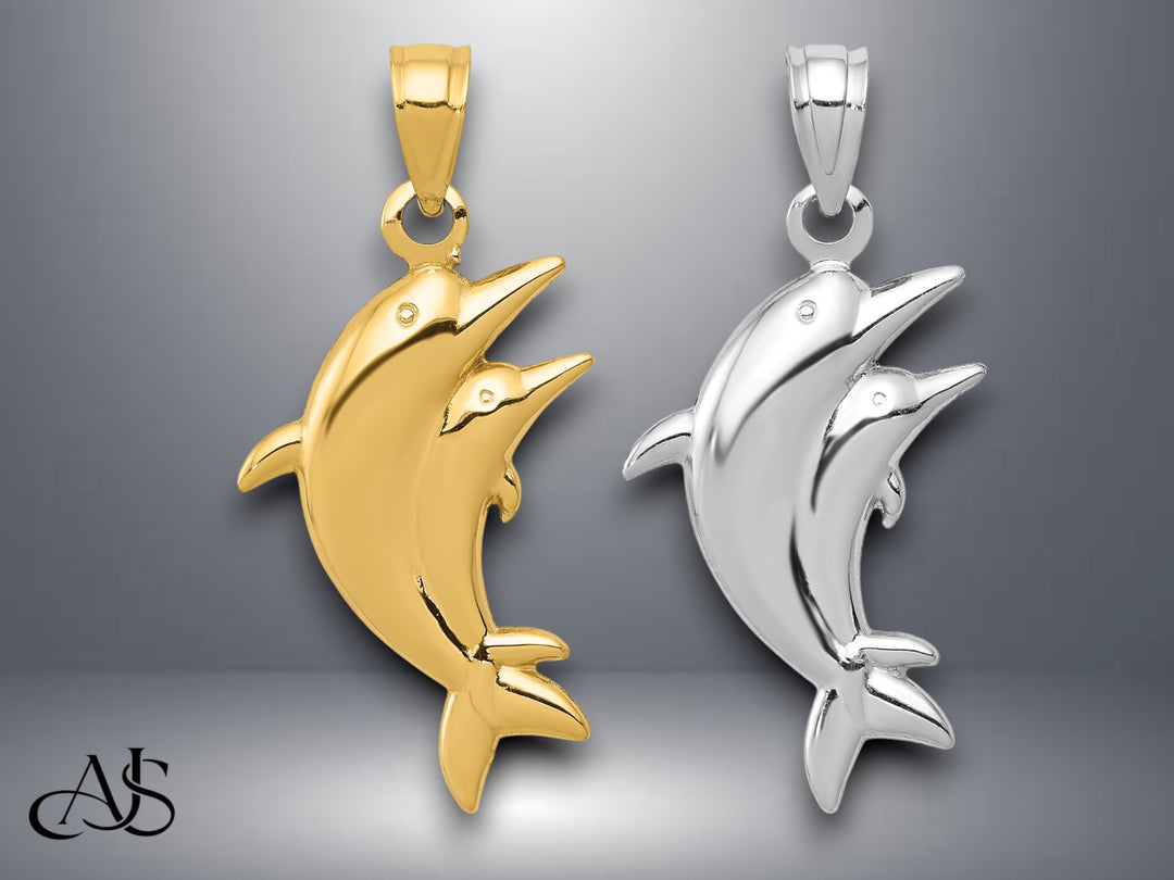 14K Yellow Gold or White Gold Dolphin Pair Pendant with Necklace Chain Options