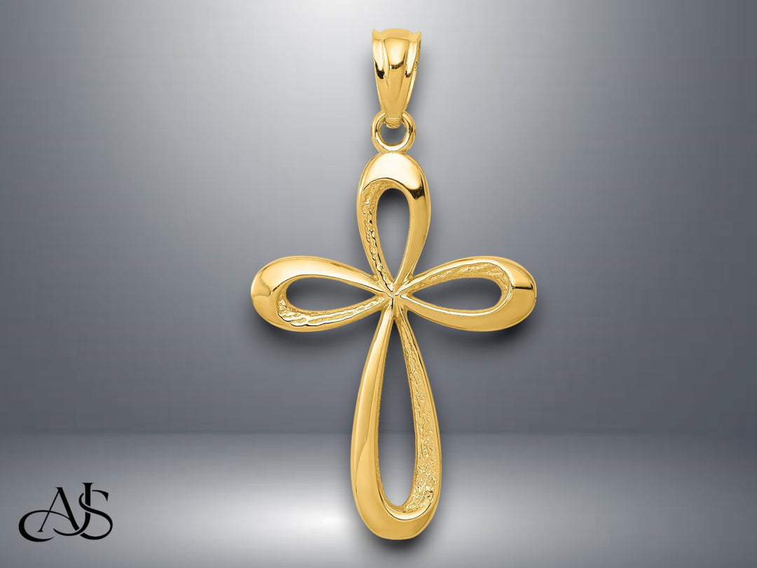 14K Yellow Gold or White Gold Polished Ribbon Cross Pendant with Necklace Chain Options