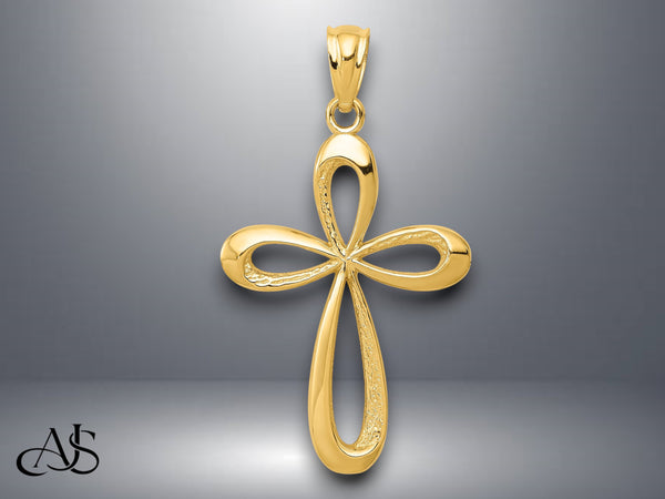 14K Yellow Gold or White Gold Polished Ribbon Cross Pendant with Necklace Chain Options