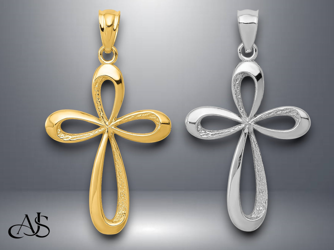14K Yellow Gold or White Gold Polished Ribbon Cross Pendant with Necklace Chain Options