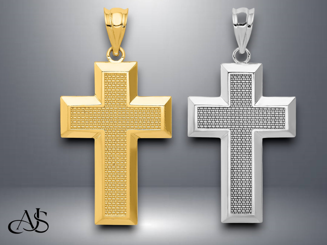 14K Yellow Gold or White Gold Polished / Textured Cross Pendant with Necklace Chain Options