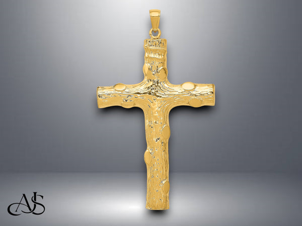 14K Yellow Gold or White Gold Large Tree Textured Cross Pendant with Necklace Chain Options