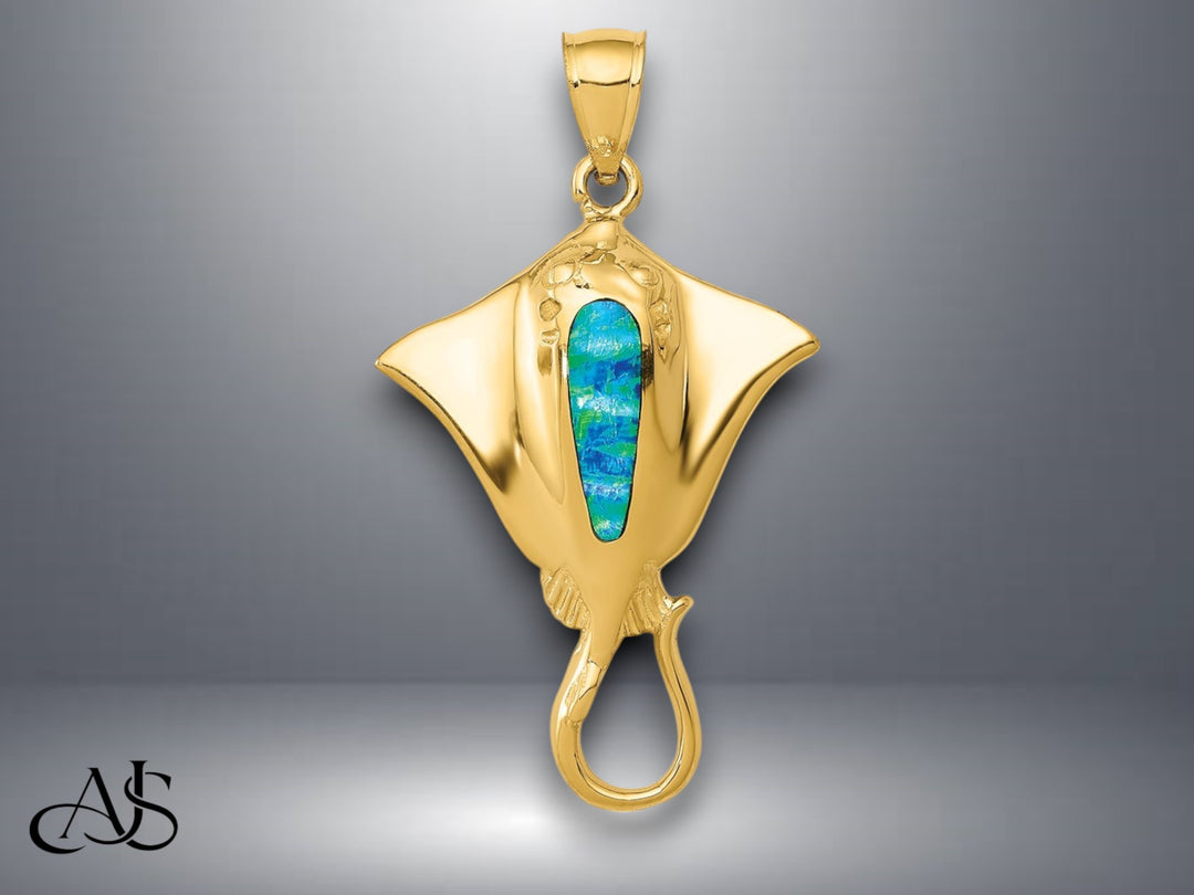 14K Yellow Gold Polished Created Blue Opal Stingray Pendant with Necklace Chain Options