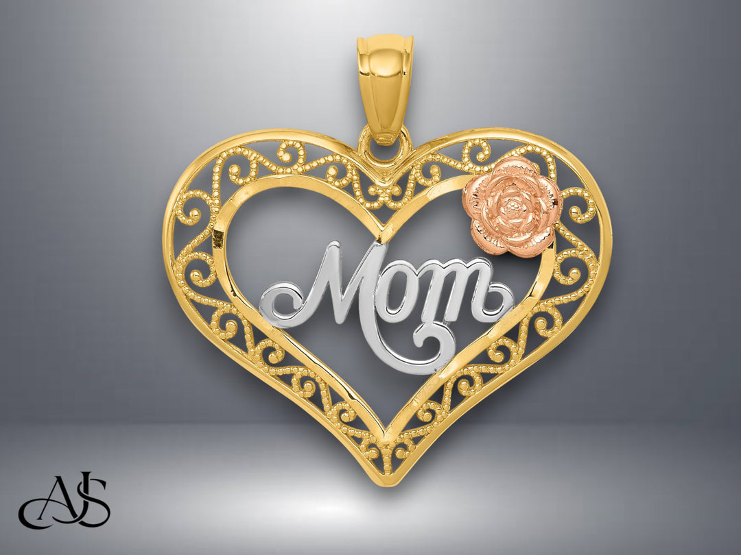 14K Two-tone Gold w/White Rhodium D/C MOM in Heart w/Rose Pendant with Necklace Chain Options