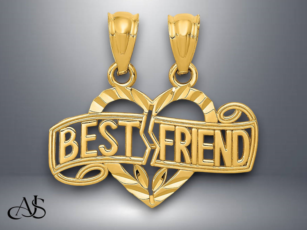 14K Yellow Gold Diamond-cut Break Apart BEST FRIEND Heart Pendant with Necklace Chain Options