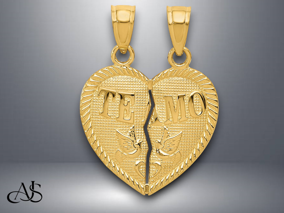 14K Yellow Gold Break Apart Diamond-cut TE AMO Heart Pendant with Necklace Chain Options