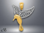Load image into Gallery viewer, 14K Yellow Gold w/Rhodium Polished Hummingbird Filigree Wings Pendant with Necklace Chain Options
