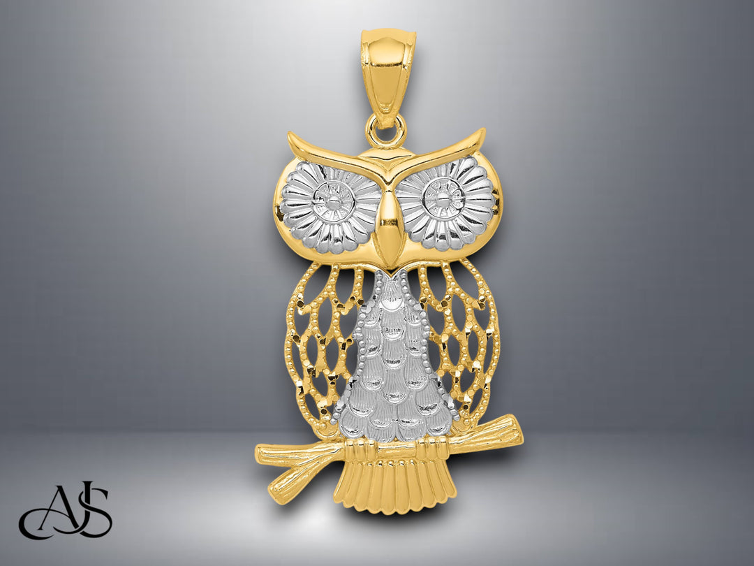 14K Yellow Gold with Rhodium Diamond-cut Polished Moveable Owl Pendant with Necklace Chain Options