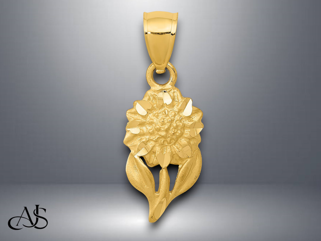 14K Yellow Gold Satin Diamond-cut Sunflower Pendant with Necklace Chain Options