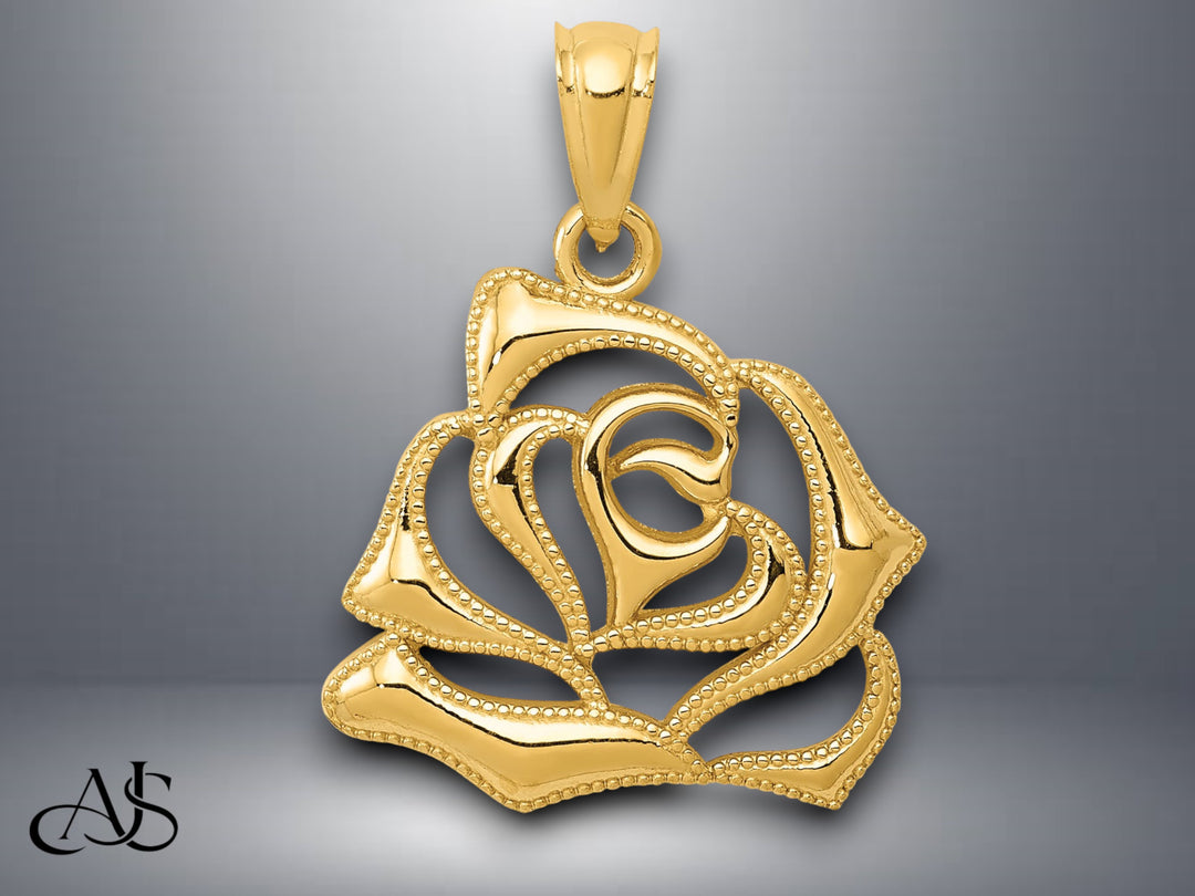14K Yellow Gold Polished Open Rose Pendant with Necklace Chain Options