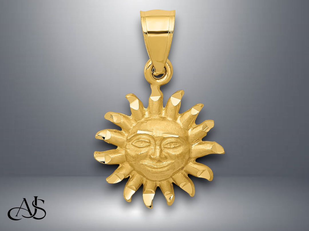 14K Yellow Gold Satin Diamond-cut Sun Pendant with Necklace Chain Options