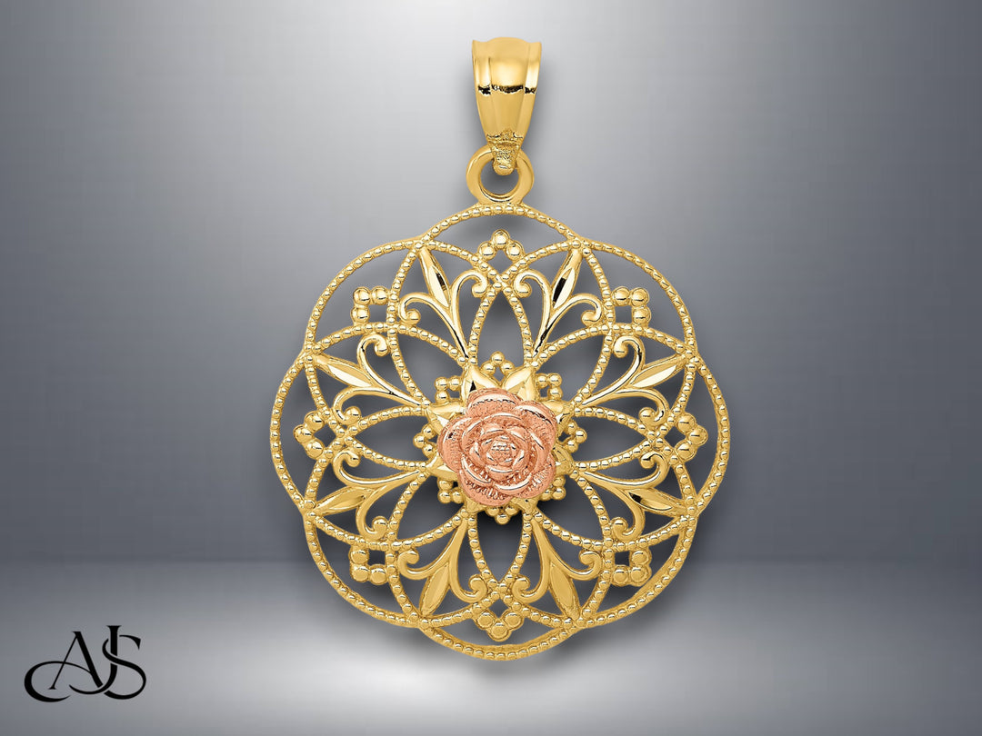 14K Yellow and Rose Gold Polished Rose in Round Filigree Charm with Necklace Chain Options