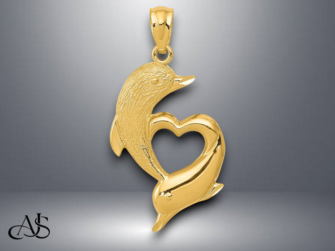 14K Yellow Gold D/C Satin and Polished Dolphins Heart Pendant with Necklace Chain Options