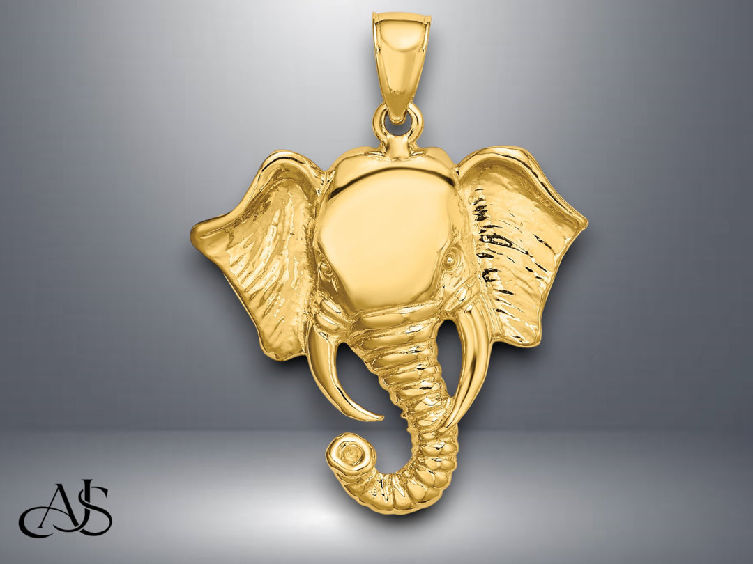 14K Yellow Gold 2-D Elephant Head w/ Twisted Trunk Charm with Necklace Chain Options