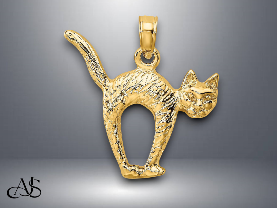 14K Yellow Gold 3-D Textured Arch Back and Raised Tail Cat Charm with Necklace Chain Options