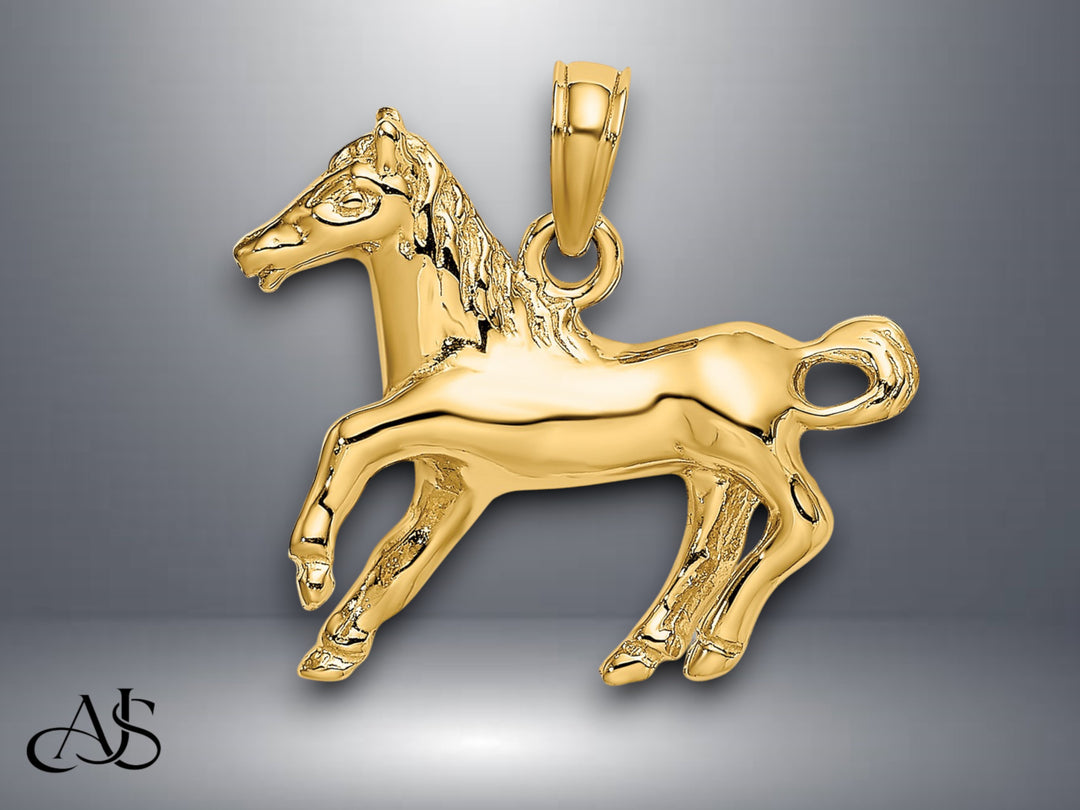14K Yellow Gold Galloping Horse Charm with Necklace Chain Options