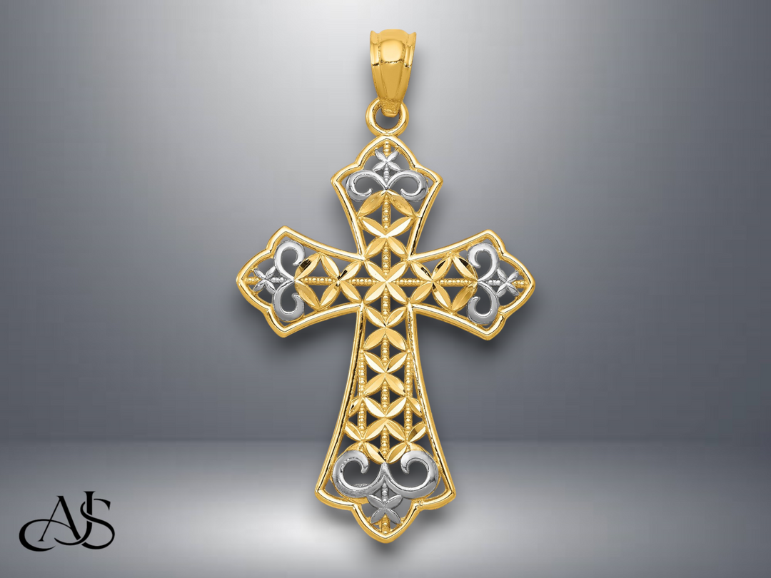 14K Yellow Gold w/Rhodium Polished D/C Filigree Cross Pendant with Necklace Chain Options