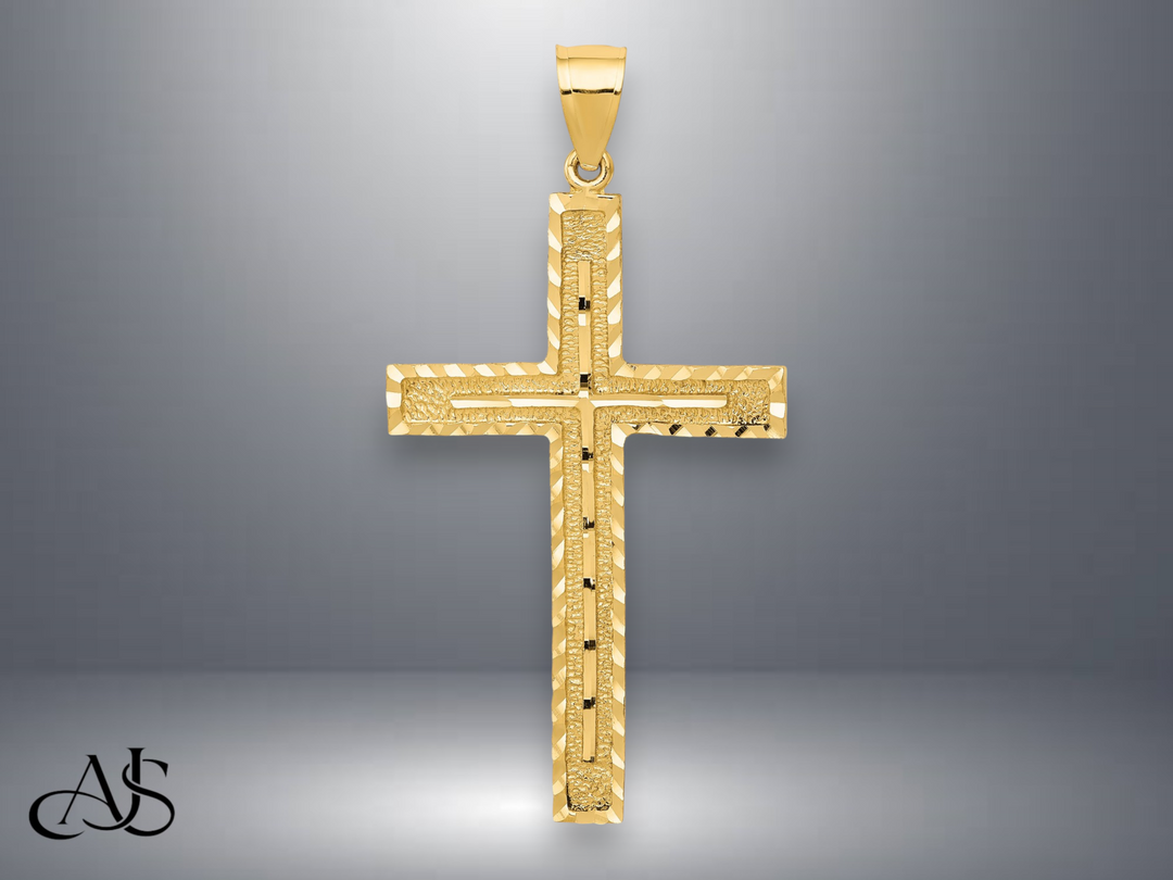 14K Yellow Gold Polished and Textured Diamond-cut Latin Cross Pendant with Necklace Chain Options