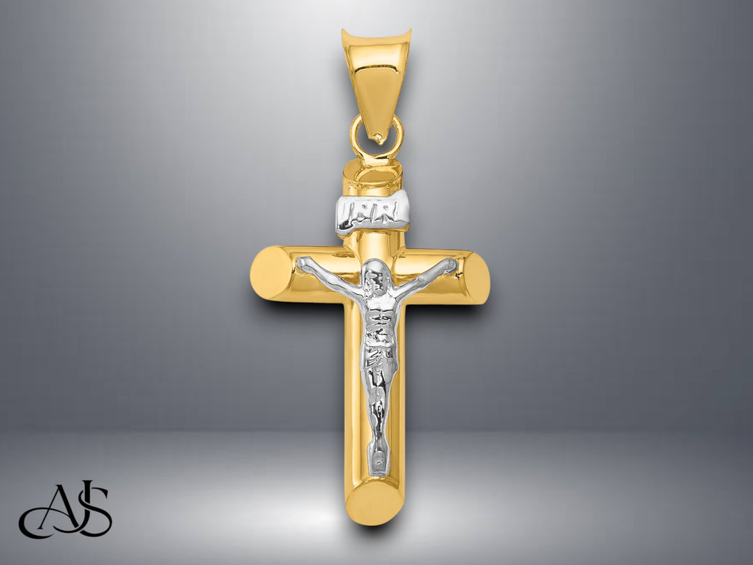 14K Two-Tone Gold Polished Crucifix Pendant with Necklace Chain Options