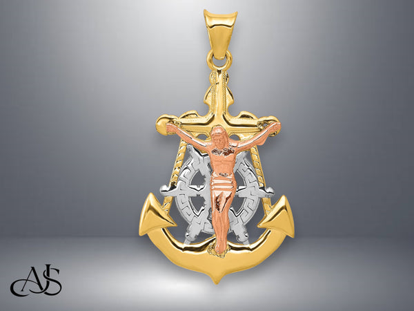 14K Tri-Color Mariner Crucifix Pendant with Necklace Chain Options