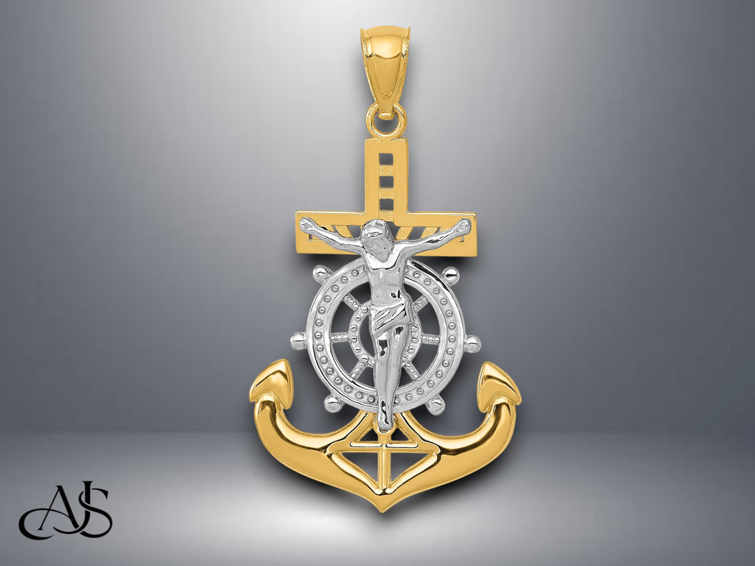 14K Yellow Gold w/Rhodium Solid Polished Mariners Crucifix Pendant with Necklace Chain Options