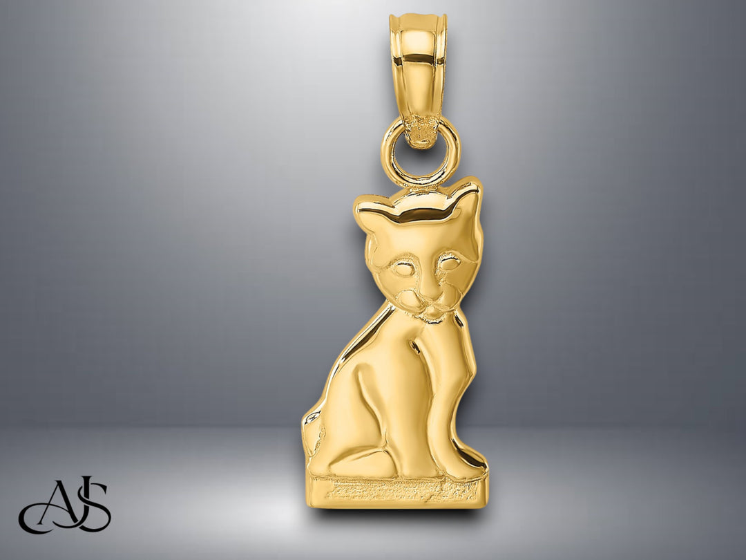 14K Yellow Gold Mini Sitting Kitten Charm with Necklace Chain Options