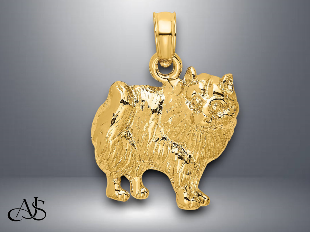14K Yellow Gold Polished Pomeranian Dog Charm with Necklace Chain Options