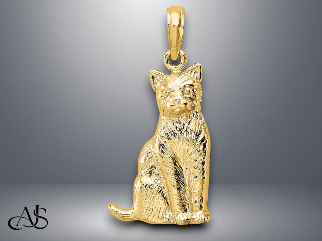 14K Yellow Gold Textured Sitting Cat Charm with Necklace Chain Options