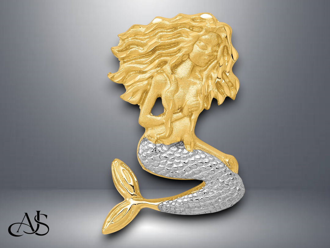 14K Yellow Gold w/White Rhodium Satin D/C Mermaid Chain Slide with Necklace Chain Options