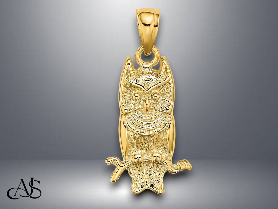 14K Yellow Gold Textured Owl Charm with Necklace Chain Options