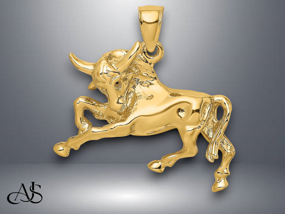 14K Yellow Gold Polished Raging Bull with Horns Charm with Necklace Chain Options