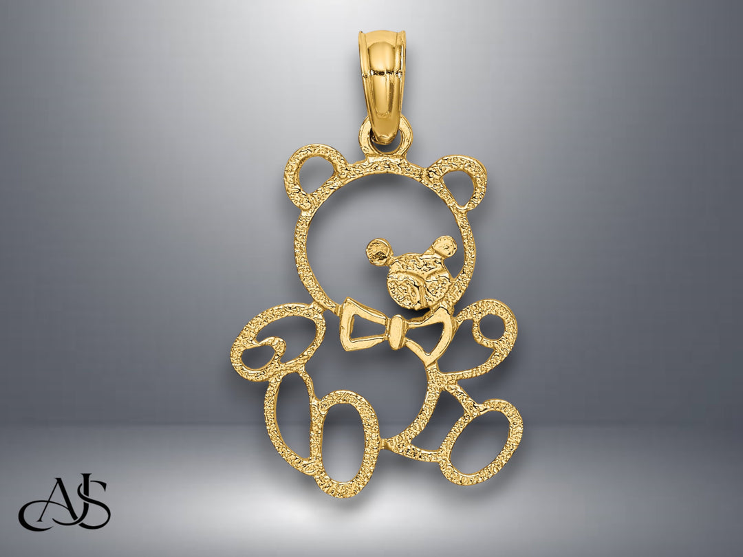 14K Yellow Gold Cut out Teddy Bear Charm with Necklace Chain Options